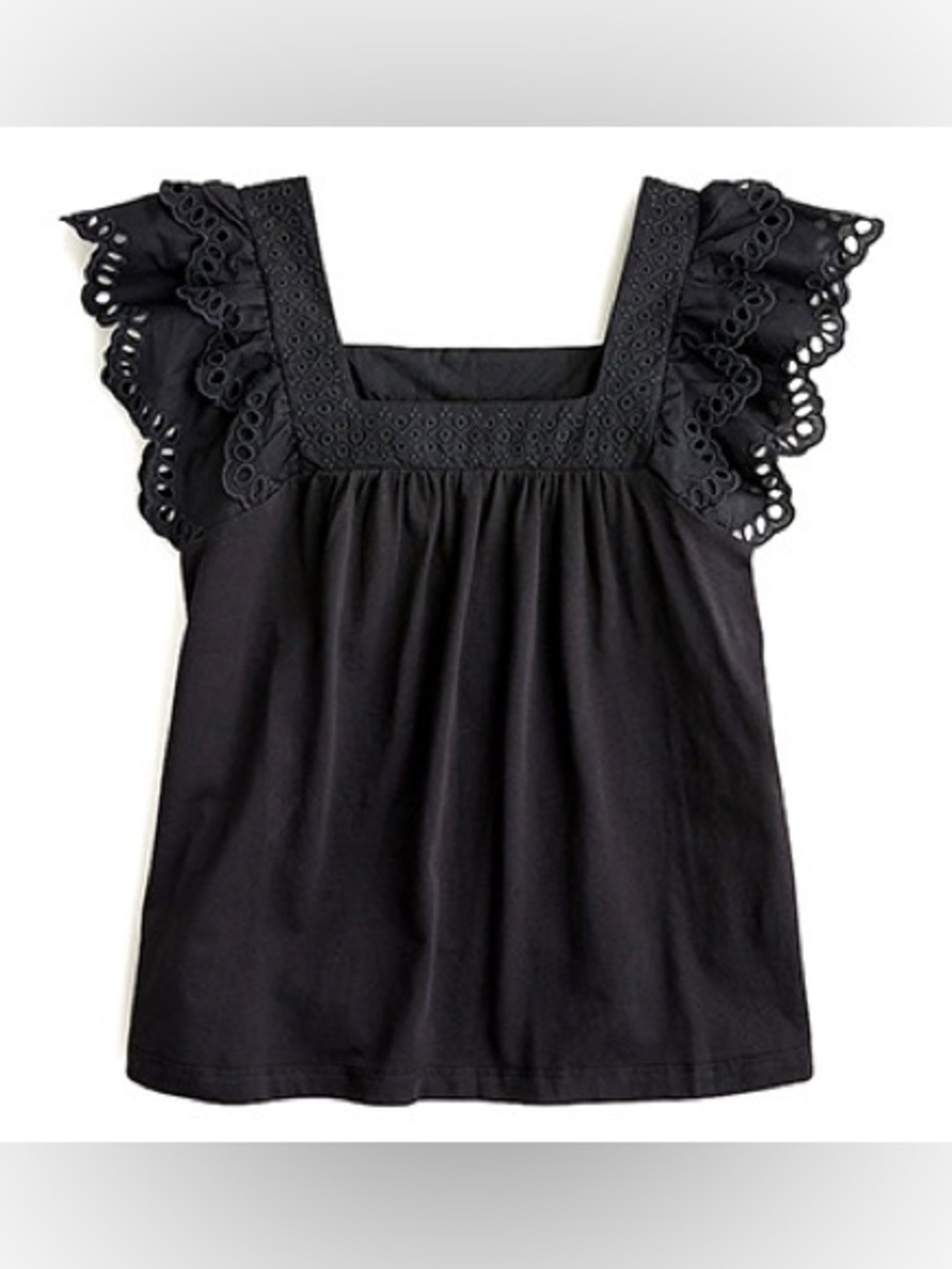 J. Crew Black Eyelet Ruffle Square-Neck Tank